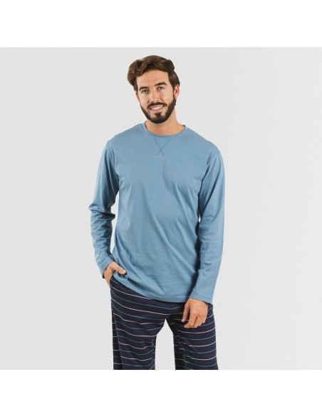 Pijama hombre azul rayado invierno algodón 100%